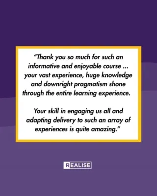 Support your events team to reach their full potential with industry expert led coaching and training.&nbsp;

With Realise, you get award-winning expertise and the ability to craft the training your team needs.&nbsp;

✅ In-person interactive workshop? Yes.&nbsp;

✅ On-demand or live video sessions? Yes.&nbsp;

Don’t wait for a conference to come along and maybe find the right session to help your team.&nbsp;

Get what you need. Now.&nbsp;

Here’s what a client had to say ...&nbsp;

💬 “Thank you so much for such an informative and enjoyable course ... your vast experience, huge knowledge and downright pragmatism shone through the entire learning experience.&nbsp;

Your skill in engaging us all and adapting delivery to such an array of experiences is quite amazing.”&nbsp;💬

DM today and let’s talk about giving your event team the support they need to be their best.&nbsp;

#eventprofs #eventmanagement #corporateevents #training #mentoring #development #learninganddevelopment